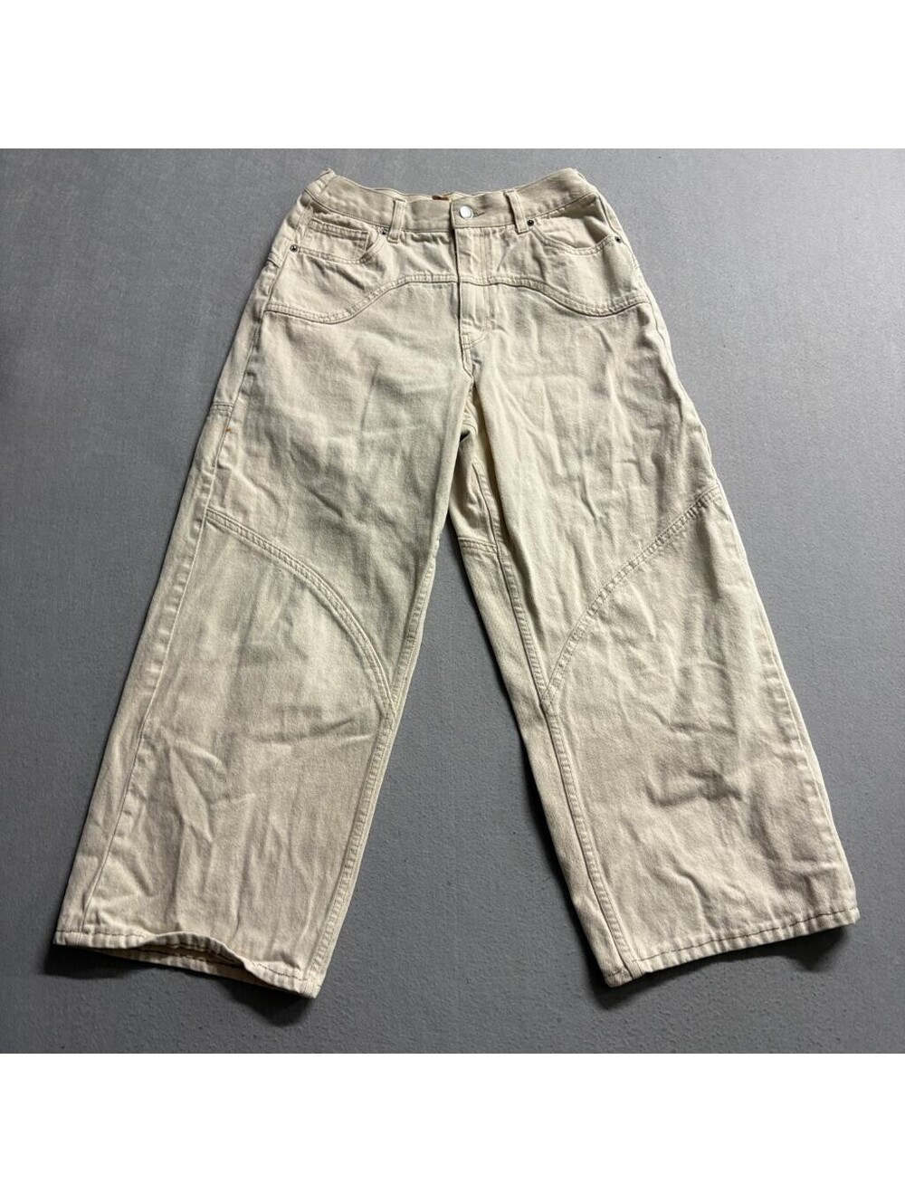 H&M Wide Leg Jeans Womens Size 8 Beige Cotton High Rise Seam Detail Denim